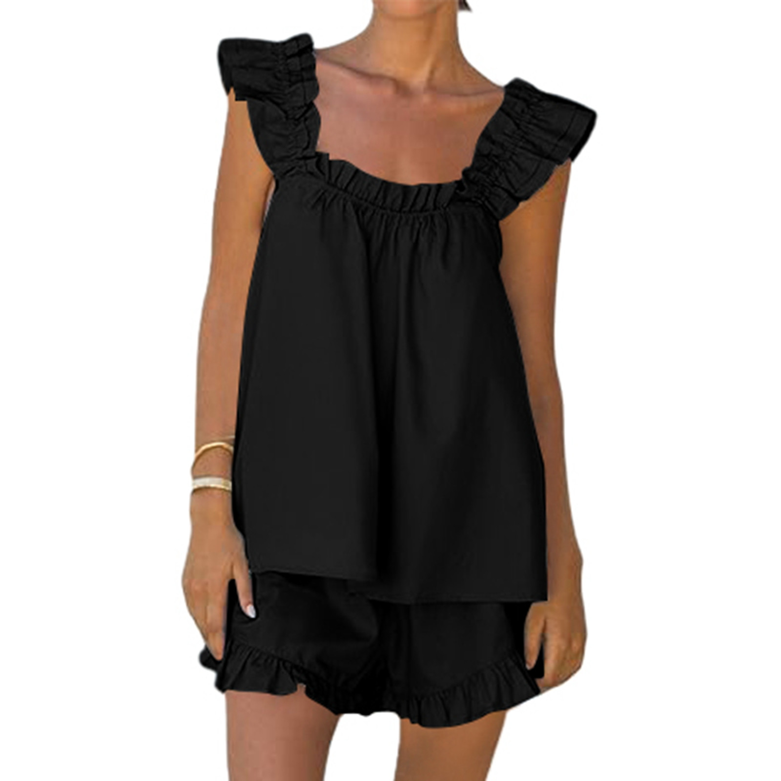 thumbnail image 2 of Conjunto de pijama de dos piezas para mujer: top corto sin mangas y pantalones cortos, poliéster, color liso, corte holgado, tallas S-XL, ropa de estar por casa para todas las estaciones, 2 of 8